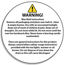 Load image into Gallery viewer, Wax Melt Safety Sticker! we also provide Professionally printed Wax Melts CLP for Craftovator, Blossom Oils, Stanfields, Supplies For Candles, Fizzy Whizz & MORE! Also available : Candle CLP, 10% for Carpet freshener, hoover disk, room spray!