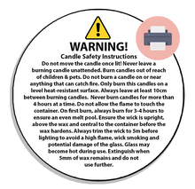 Load image into Gallery viewer, Candle Safety Sticker! we also provide Professionally printed Wax Melts CLP for Craftovator, Blossom Oils, Stanfields, Supplies For Candles, Fizzy Whizz &amp; MORE! Also available : Candle CLP, 10% for Carpet freshener, hoover disk, room spray!
