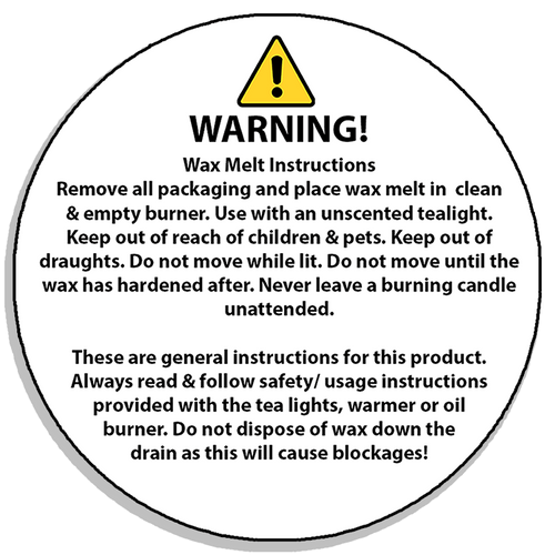 Wax Melt Safety Sticker! we also provide Professionally printed Wax Melts CLP for Craftovator, Blossom Oils, Stanfields, Supplies For Candles, Fizzy Whizz & MORE! Also available : Candle CLP, 10% for Carpet freshener, hoover disk, room spray!